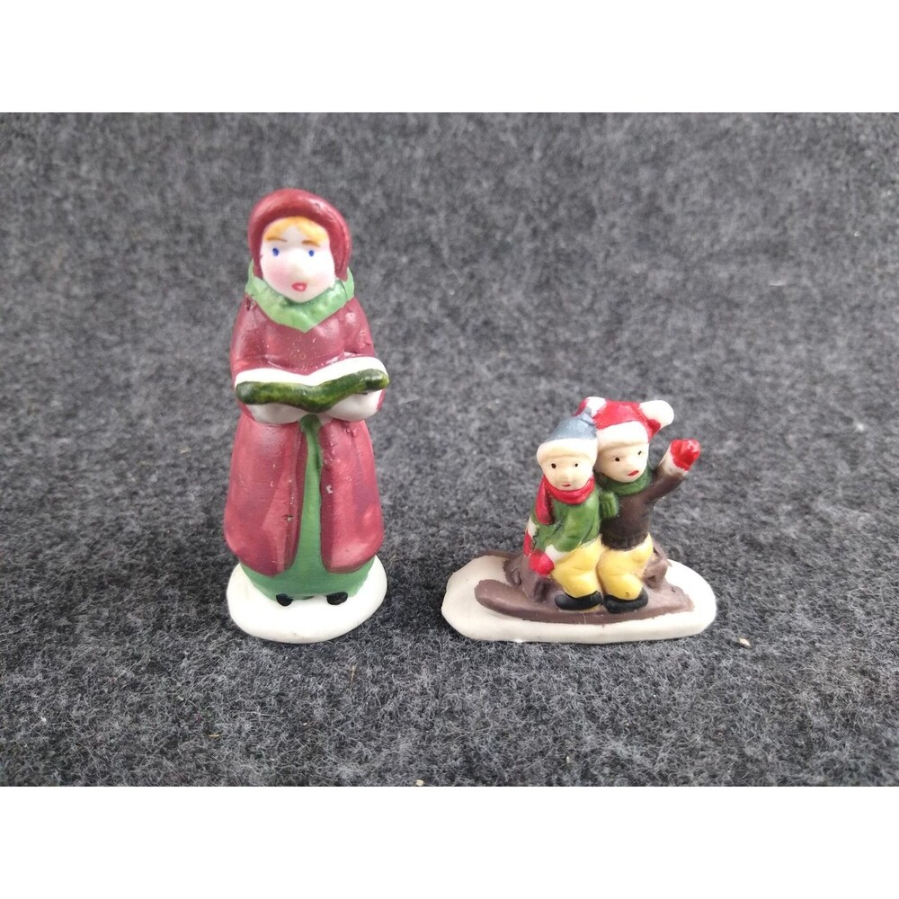 Lemax Woman Red Green Dress Caroler and Sled Kids Christmas Village Figurines